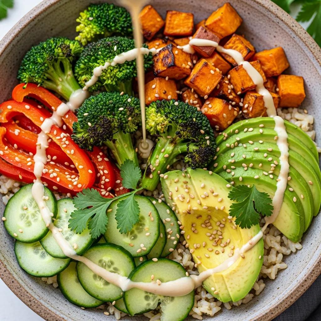 A colorful Vegan Buddha Bowl with brown rice, roasted vegetables, and tahini dressing, showcasing plant-based meal options
