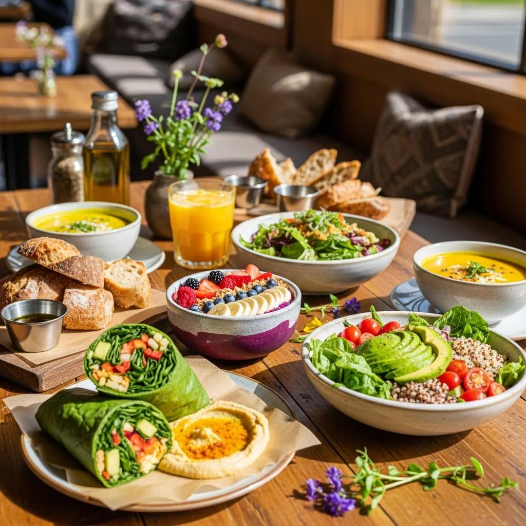 A table filled with healthy plant-based dishes at Elderberry Cafe, highlighting the vibrant menu offerings