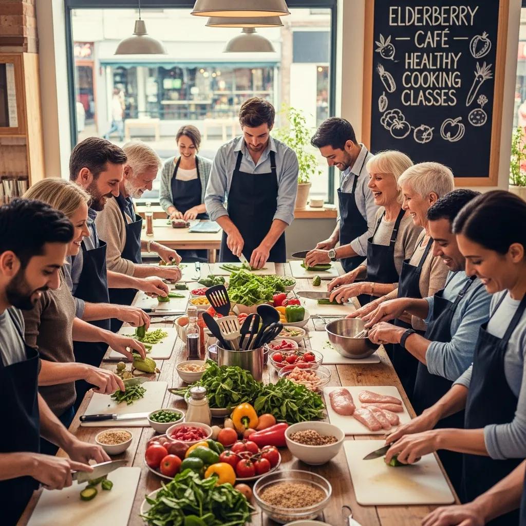Participants in a cooking class at Elderberry Cafe, engaging in healthy meal preparation and community learning