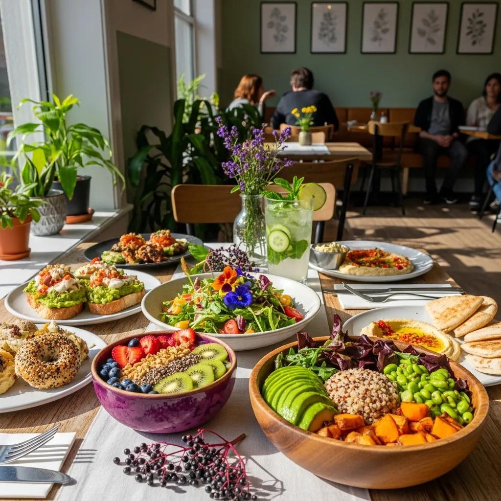 A table filled with healthy plant-based dishes at Elderberry Cafe, highlighting community-focused dining