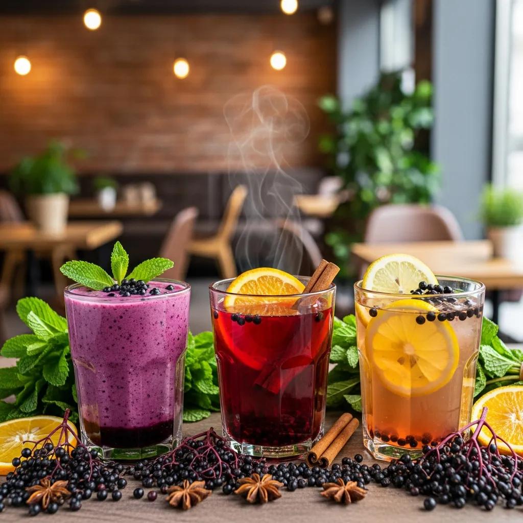 A variety of elderberry-infused beverages showcasing natural ingredients in a cozy cafe setting