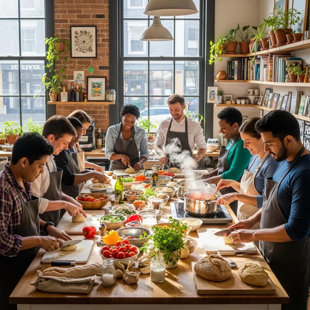 Participants engaging in a cooking class at Elderberry Cafe, highlighting community events and personal growth